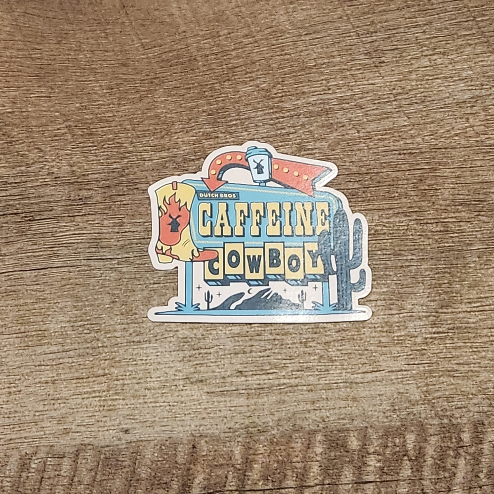 Dutch Bros Caffeine Cowboy Sticker - Yellow, Blue, Orange